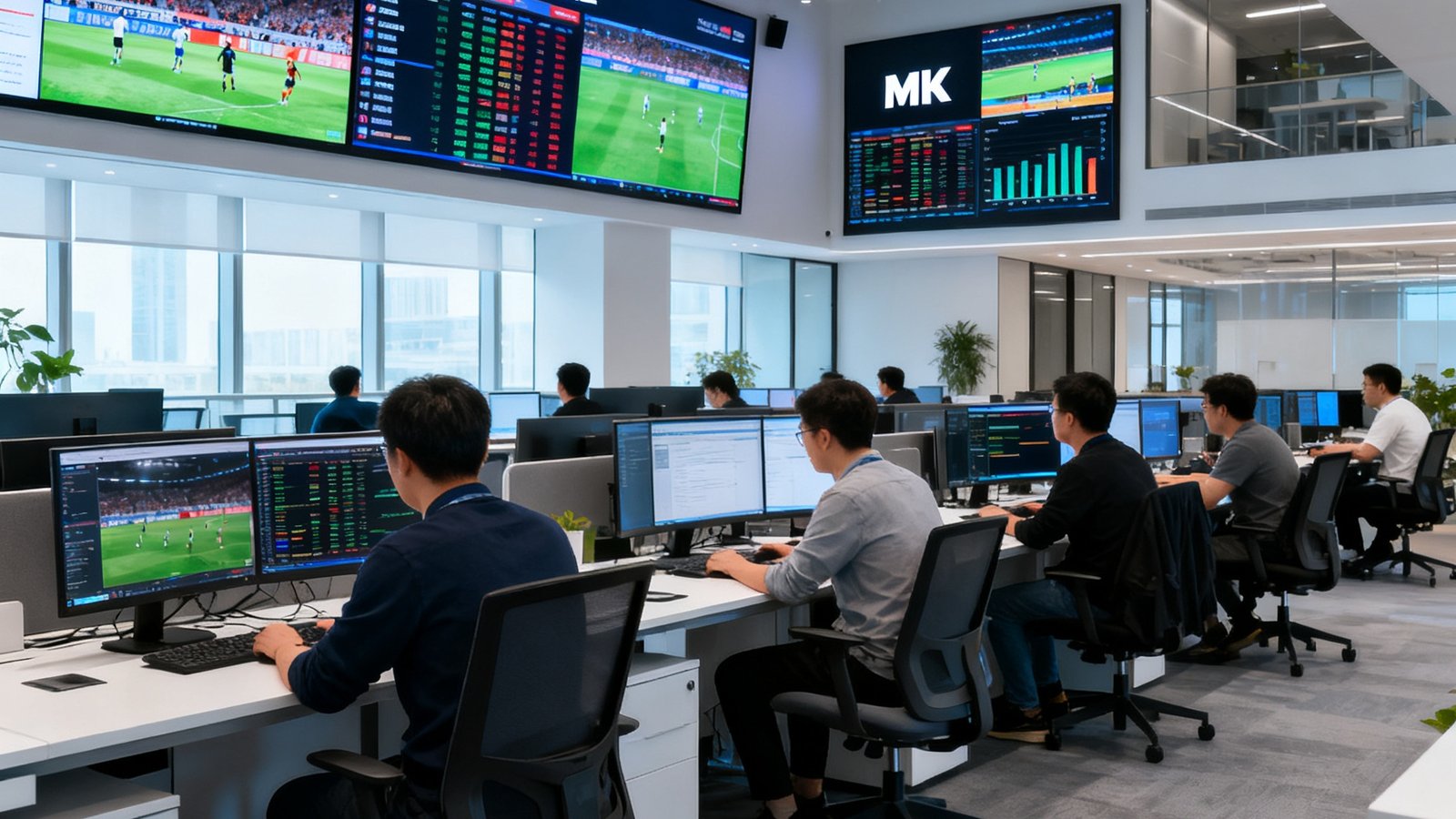 MK体育上海总部开放式办公区，数十名技术工程师和数据分析师在现代化工位上协作，墙上大屏幕实时滚动全球赛事数据和直播信号监控画面。