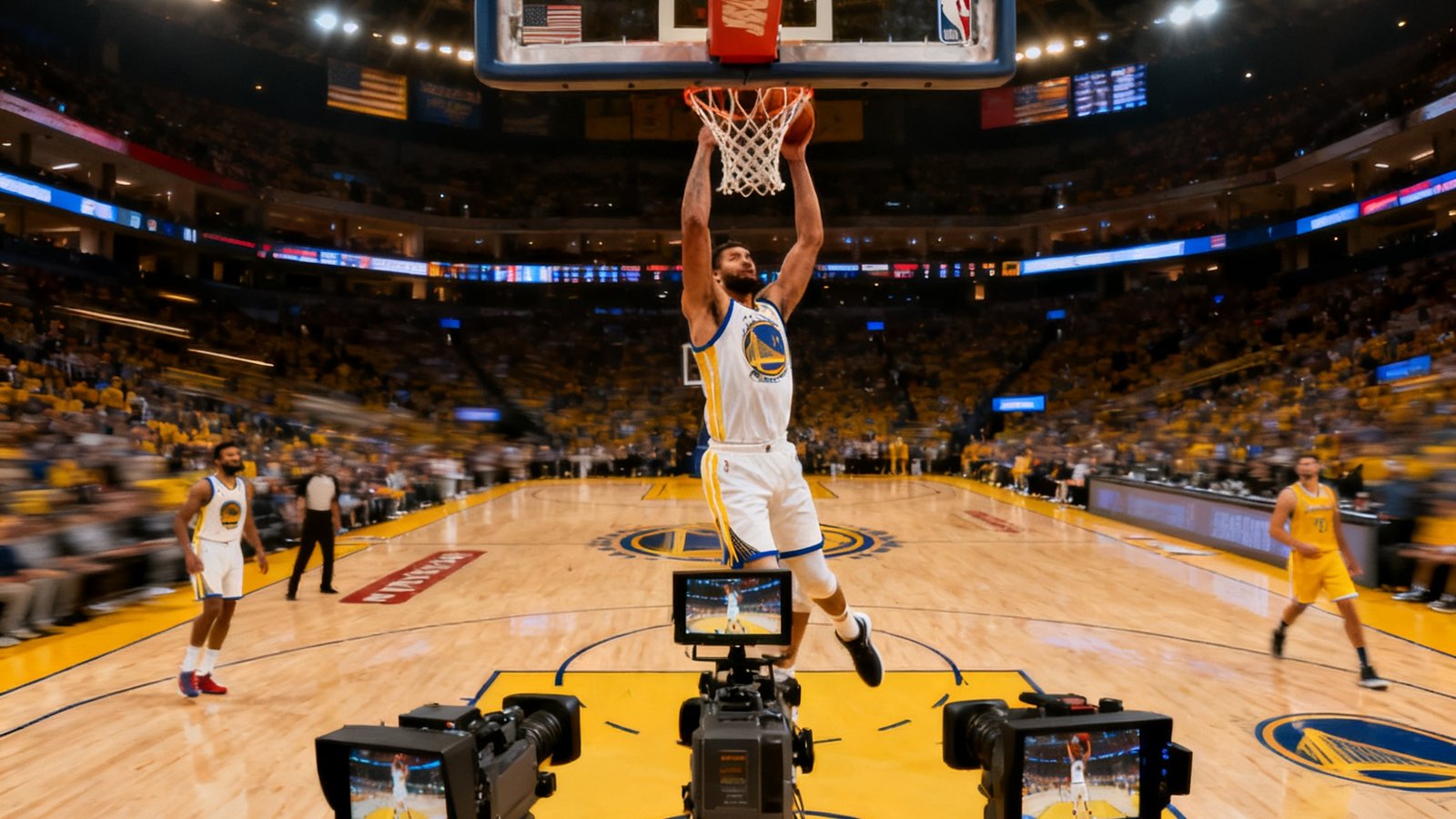 篮球赛事直播场景，NBA赛场全景视角，球员扣篮瞬间被多角度摄像机捕捉，数据面板展示得分和篮板统计。